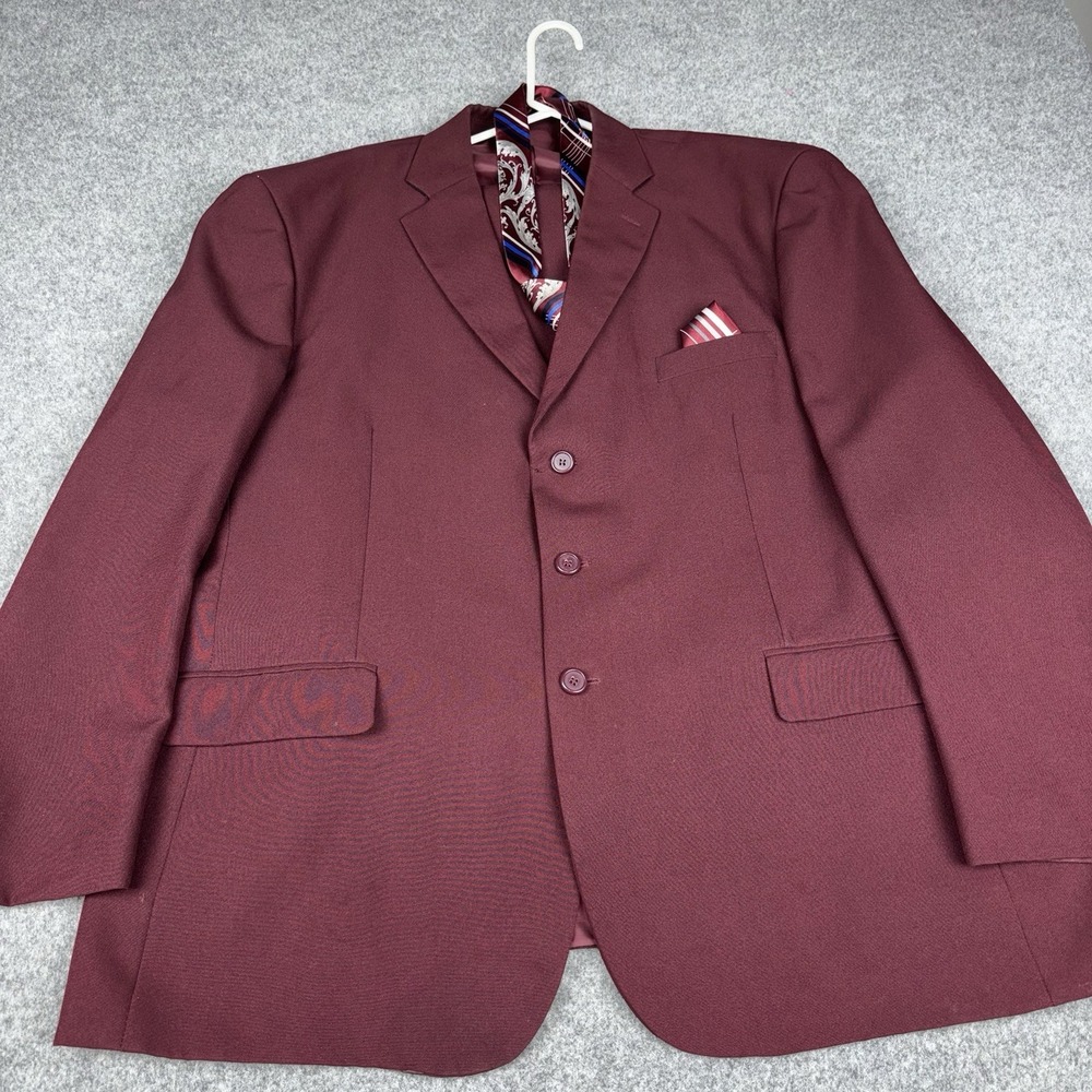 Elliani Uomo Mens 2 Piece Suit 52R Burgundy Wine Jacket Pants Tie Formal EUC